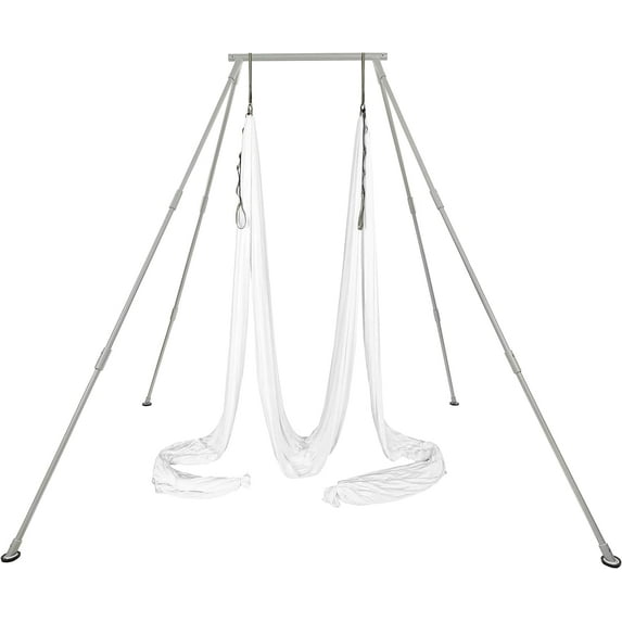 Kojem 97"/2.46m Aerial Stand Yoga Frame Portable Rig Yoga Swing Bar 551 LBS/250KG Indoor Outdoor Aluminum & Nylon with 39Ft/11.8m Aerial White Silk Yoga Hammocks
