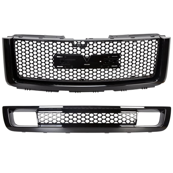 Kojem Black Center Front Bumper Upper Grille + Lower Grill Guards for 2007-2013 GMC Sierra 1500 Denali