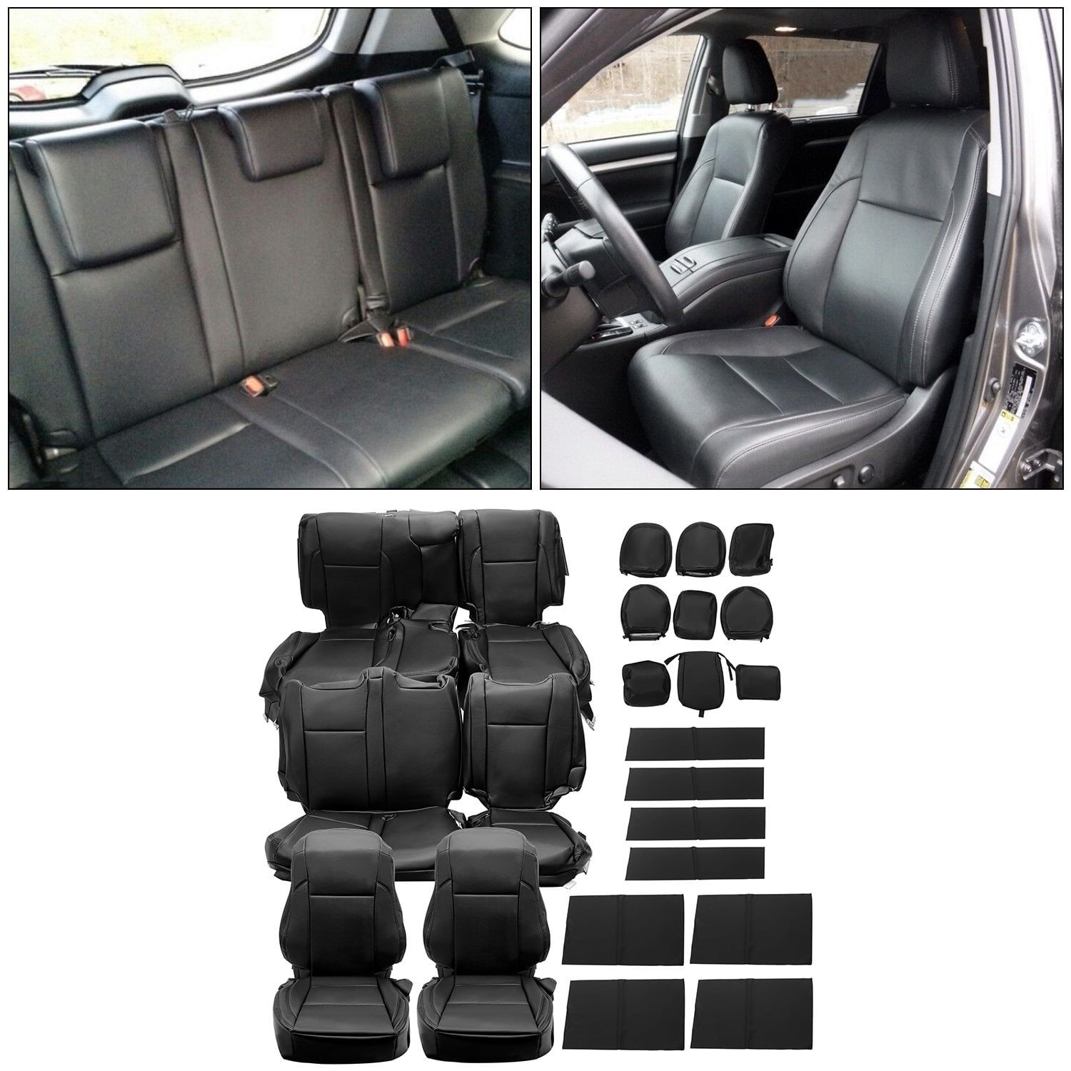 Kojem  Black Leather Car Seat Covers for 2014-2019 Toyota Highlander LE/Hybrid LE 7 Seat's Covers