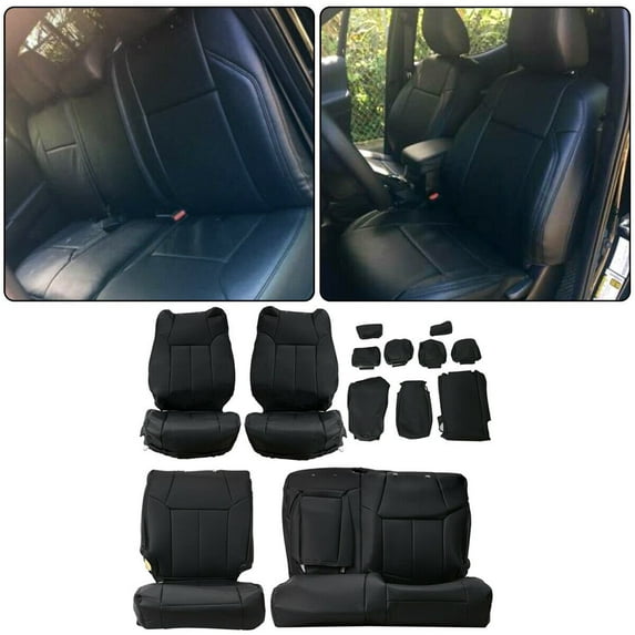 Kojem Black Synthetic Leather Seat Covers Front and Rear Compatible with 2014-2020 Toyota Tundra Crewmax Crew Max