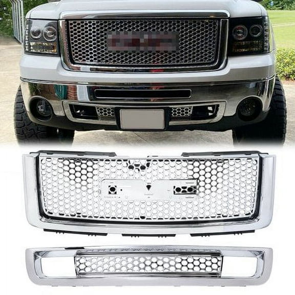 Kojem Chrome Center Front Bumper Upper Grille + Lower Grill Guards Body Style for 2007-2013 GMC Sierra 1500 Denali Pickup