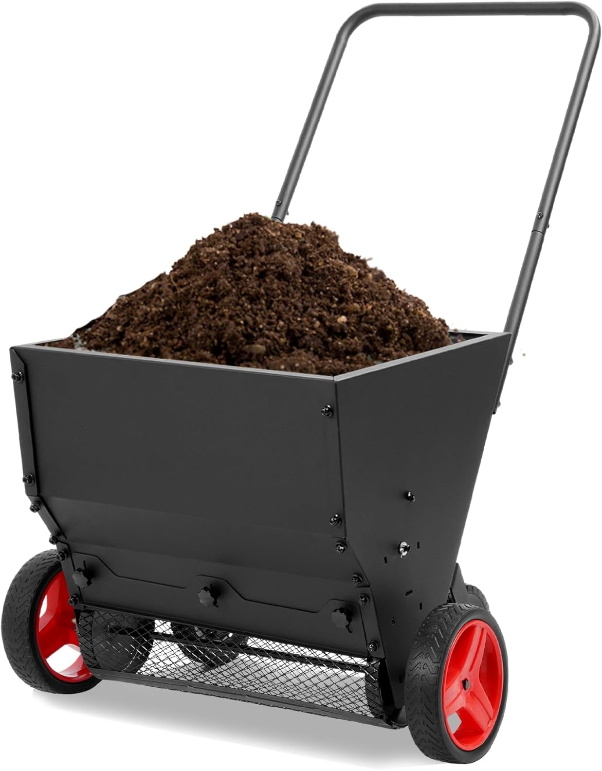 Kojem Compost Spreader W/Handle, 4 Wheels, Adjustable Rate Suitable for Lawn, Farm, Landscraping, Lawn Drop Spreader, Topdresser Push Garden Seeder Garden Tool Cart for Fertilizer, Grass, Seed
