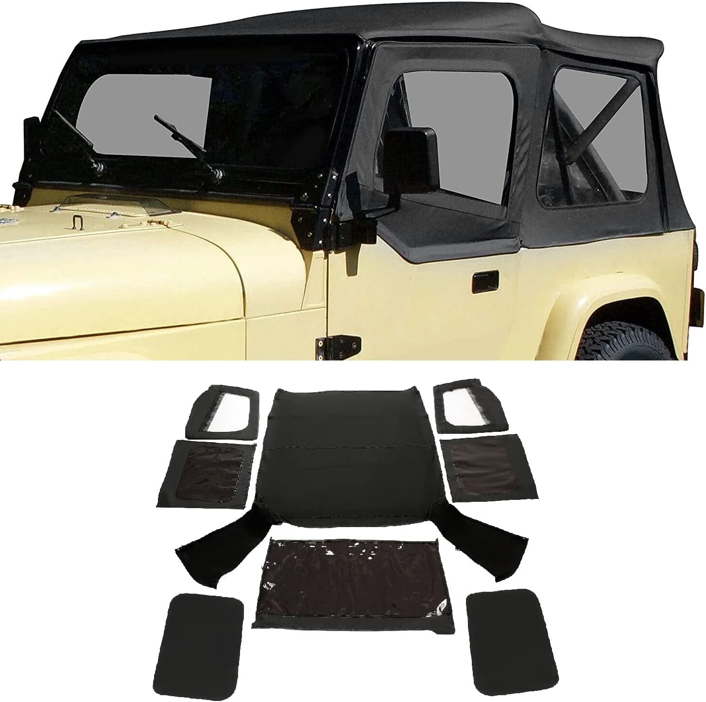 Kojem Convertible Soft Top Sailcloth for 1987 1995 Jeep Wrangler YJ Zip Out with Removable Upper Door Skins and Back Window Black Sailcloth 2 Door
