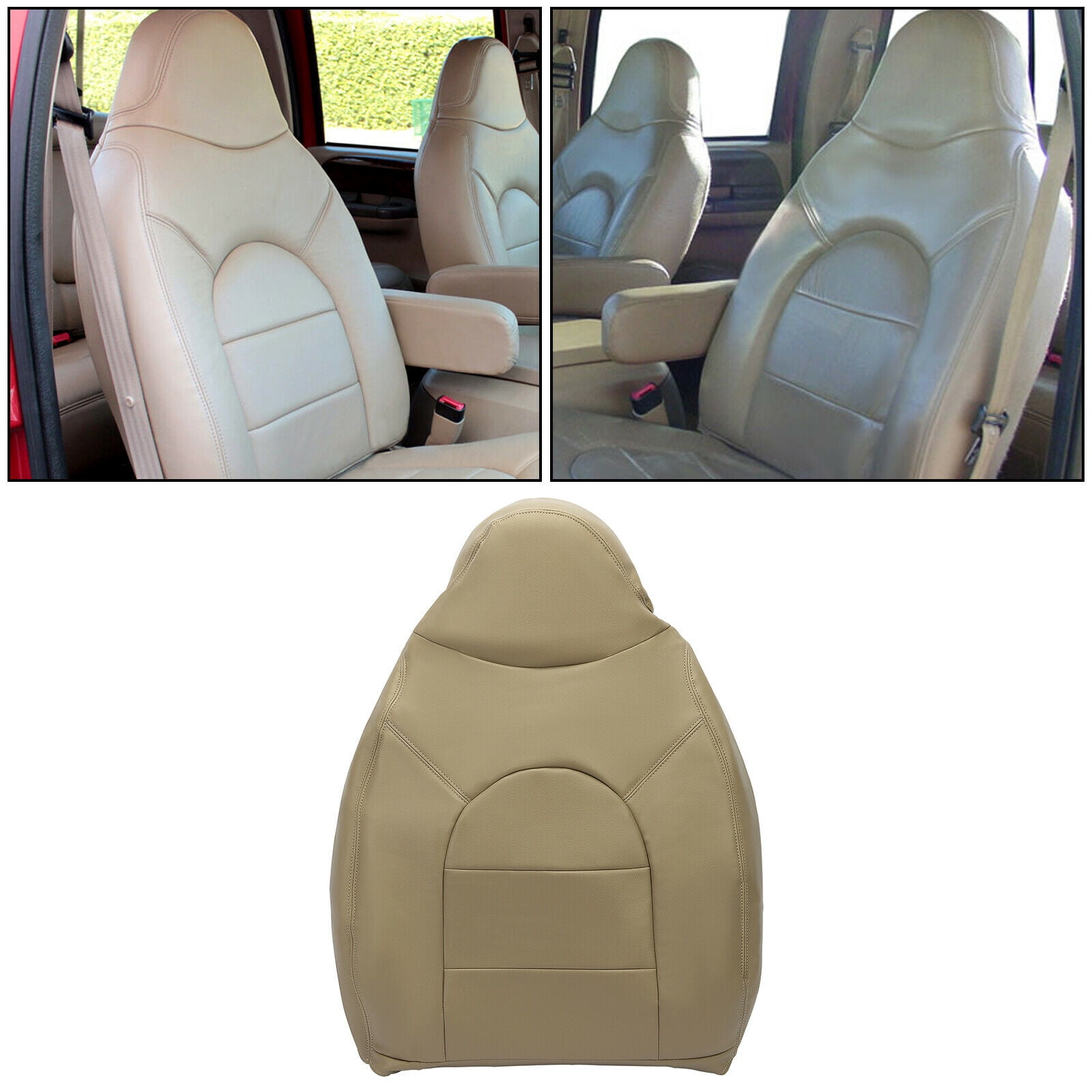 2000 Ford F250 F350 F450 Lariat Super Duty Synthetic Leather Seat Cover Replacement - Medium Parchment Tan, Driver Bottom With Center Console