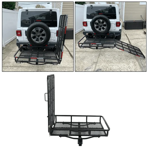 Kojem Electric Wheelchair Scooter Hitch Mount Folding Carrier Rack with Mobility Disability Medical Ramp 2" Hitch Receiver 500lb Capacity Basket-Style