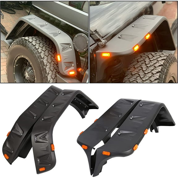 Kojem Fender Flares with 10x LED Amber Side Marker for 2007-2018 Jeep JK Wrangler Pocket Rivet Style