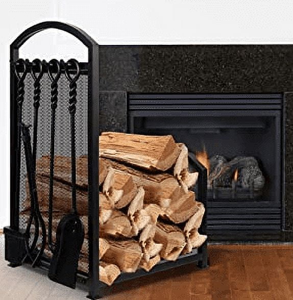 Kojem Wrought Iron Firewood Rack with Fireplace Tools, Indoor/Outdoor
