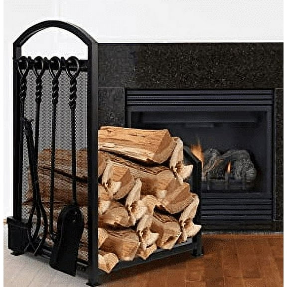 Kojem Fire Wood Rack 27.5in Tall with 4 Fireplace Tools Indoor Outdoor Firewood Holders Wood Holder Rack Lumber Storage Stacking Heavy Duty Wrought Iron Log Bin Holder