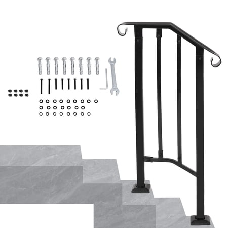 Kojem Fit 1 or 2 Steps Outdoor Stair Railing for Concrete Steps, Exterior Hand Railing for Steps Adjustable Steel Hand Rails for Deck Porch
