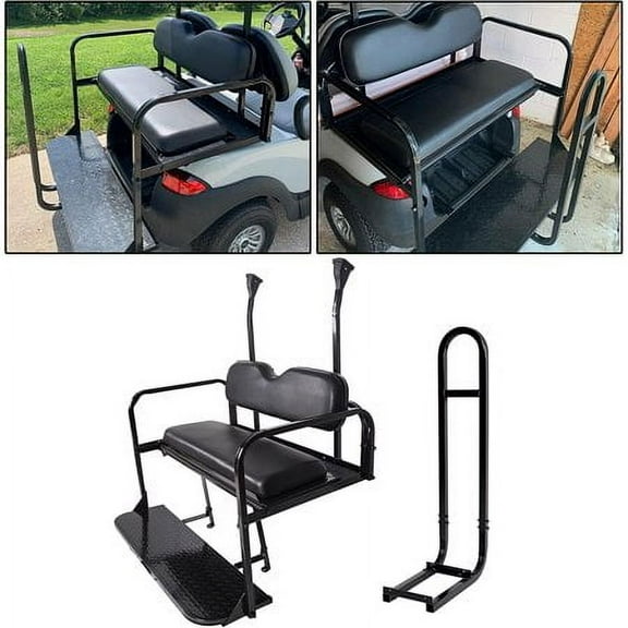 Kojem Flip Folding Rear Black Seat Kit for 2004-up Club Car Precedent Gas or Electric Models Golf Cart w/ Extra Handle Bar w/ Roof Support - 3 Packages & All Hardware