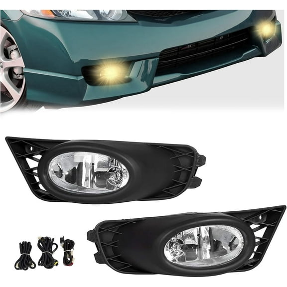Kojem Fog Lights Assembly for 2009-2011 Honda Civic 4DR Sedan Clear Lens JDM Style Fog Lamps Pair W/Bulbs Wiring Harness and Switch