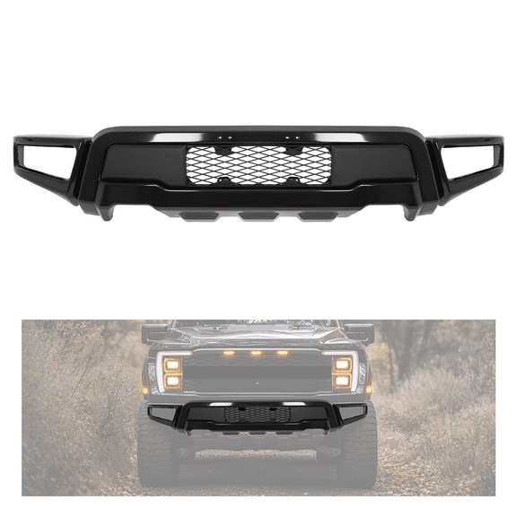 Kojem Front Bumper Assembly for 2021 2022 Ford F150 F-150 Raptor Style W/Fog Light Holes Steel+Plastic Powder Coated Black 3 Pcs