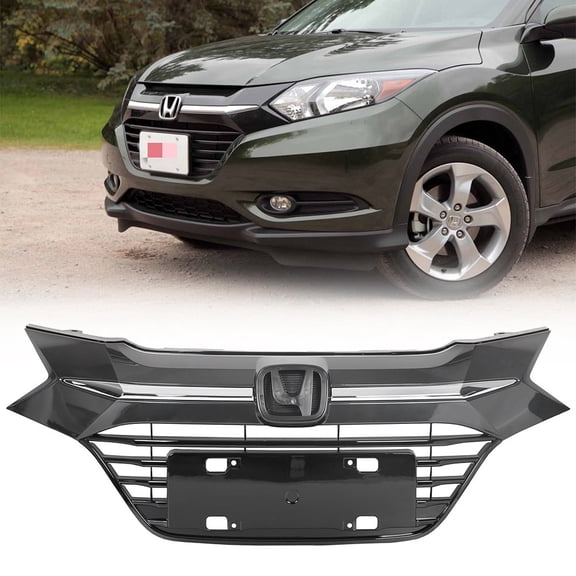 Kojem Front Bumper Grille Shroud Mesh Cover Air Intake Trim for 16 17 18 Honda HR-V HRV Chrome Glossy Black