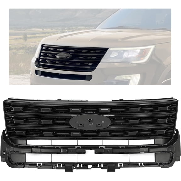 Kojem Front Bumper Upper Grille for 2016 2017 Ford Explorer Replaces FO1200577 FO1200578 FO1200579 Bumper Hood Grill Painted Black
