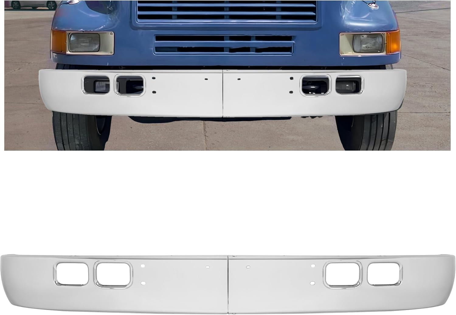 Kojem Front Bumper for 1989-2003 International 4600, 4700, 4800, 4900, 8100 W/Tow, Fog Light Cutouts, Slight Angle Back Steel Chrome Silvery