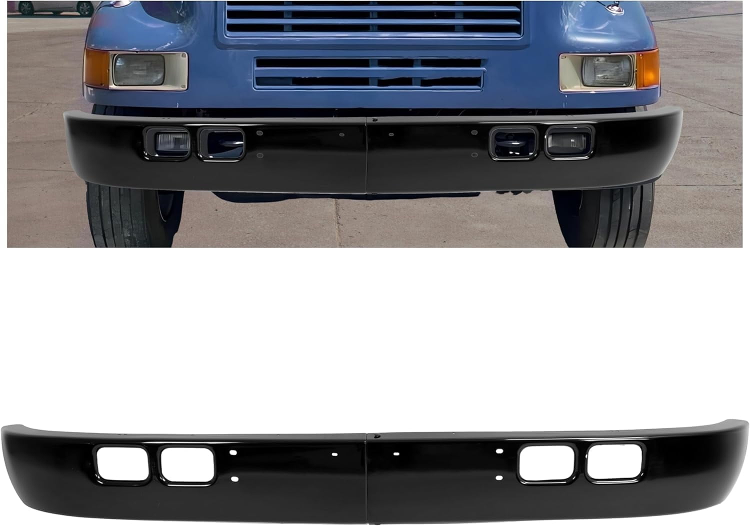 Kojem Front Bumper for 1989-2003 International 4600, 4700, 4800, 4900, 8100 W/Tow, Fog Light Cutouts, Slight Angle Back Steel Powder Coated Black
