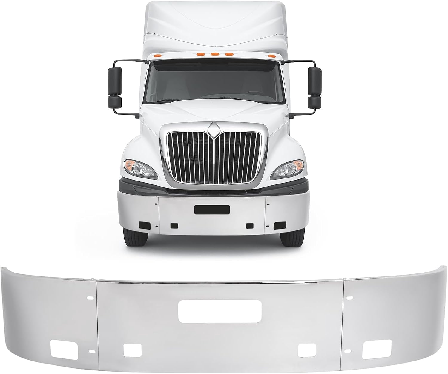 Kojem Front Bumper w/Brackets for Thru 2018 International ProStar & LT/LT 625 & RH Bumper w/Vent Cut-out, Fog Light Cut-out, Tow Hook Cut-out Steel Chrome Silvery