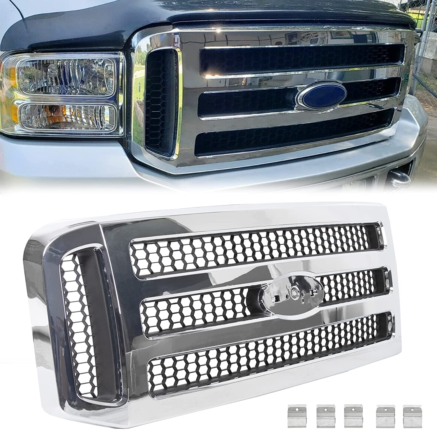 Chrome Mesh Front Grille For Ford F250 F350 F450 F550 Super Duty 2008 2009 2010 - XLT Style Direct Replacement