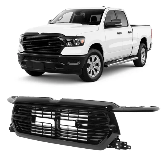 Kojem Front Grille Assembly+Molding for 2019-2022 Dodge Ram 1500 Replacement for 68404966AE CH1200417 CH1210135 Front Bumper Grill Trim Kit Plastic (ABS) Painted Gloss Black