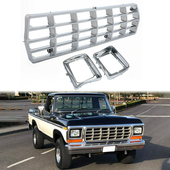 Kojem Front Grille & Headlight Bezel Assembly Kit for 1978-1979 Ford Bronco F100 F150 F250 F350 Replacement for FO1200111 FO2513115 FO2512114 Chrome ABS Plastic