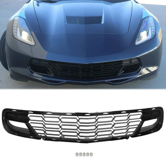 Kojem Front Lower Grille for 2014-2019 Chevrolet Corvette C7 All Models Z06 Style Bumper Cover Painted Glossy Black Plastic (W/O Front Camera Bracket)