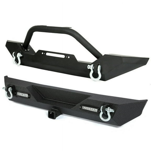 Kojem Front Rear Bumper for 1987-2006 Jeep Wrangler TJ YJ 1987-2006 W/ Led Light D-Rings Receiver Black Steel
