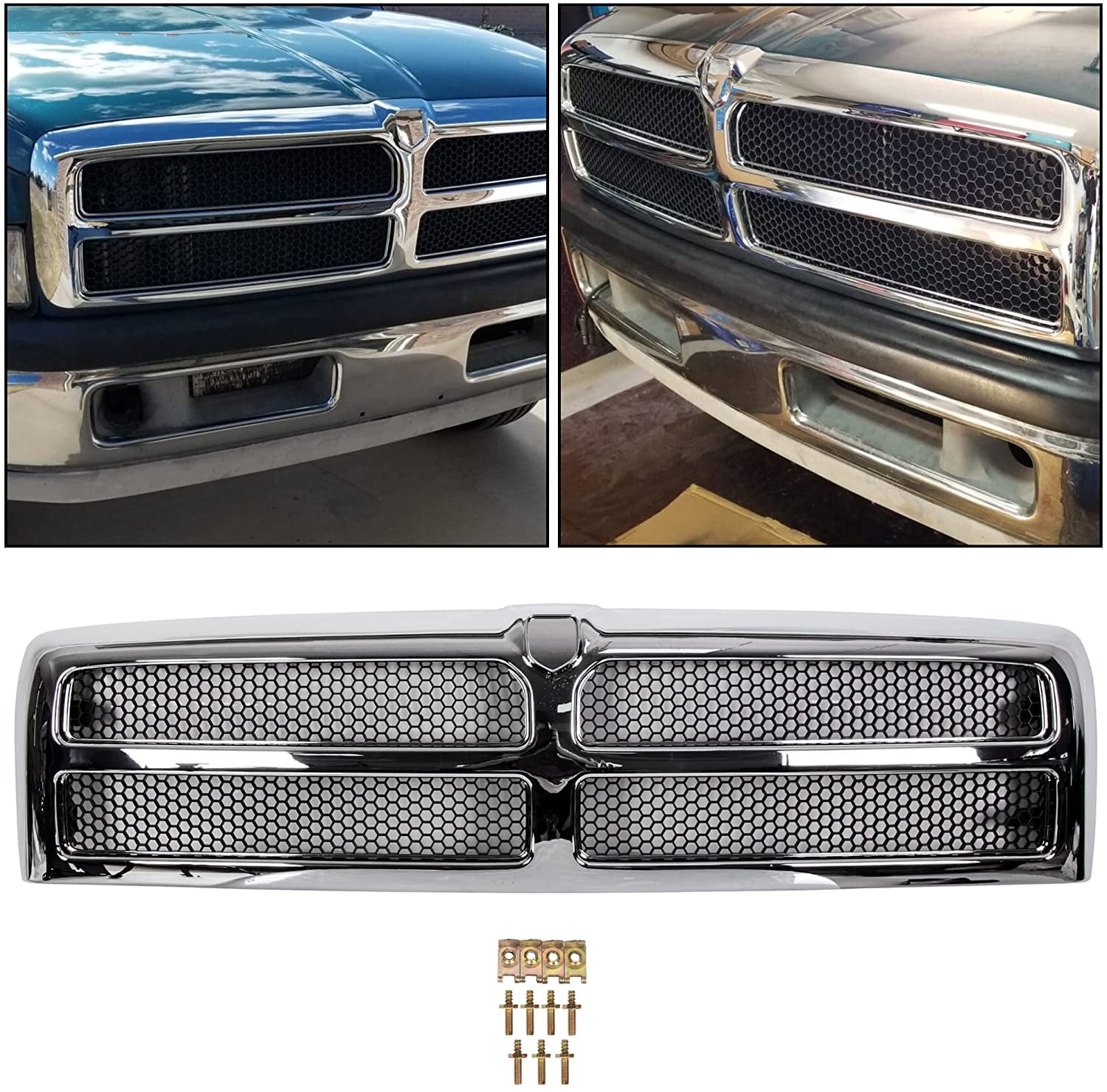 Walmart exclusive discounts  Kojem High Quality Front Upper Grille, Honeycomb Chrome Design, for 1994-2002 Dodge Ram 1500 2500 3500