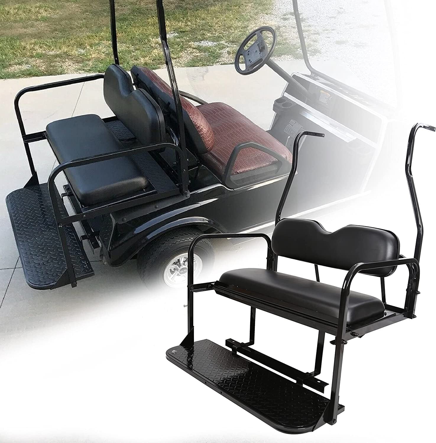Kojem Golf Cart Rear Seat Kit for 2000-2013 DS Model Club Car Black Rear Flip Folding Seat