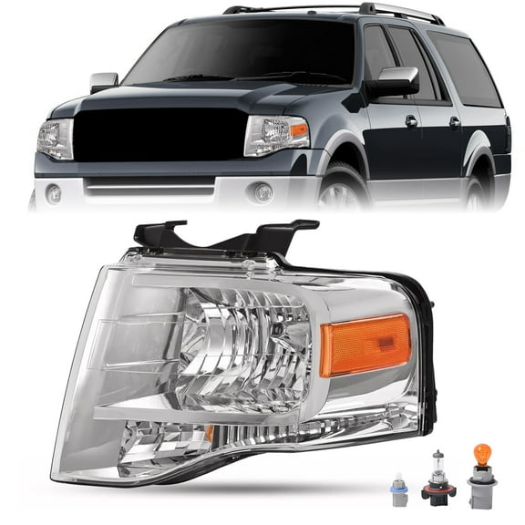 Kojem Left Headlight Assembly for 2007-2014 Ford Expedition Replaces 7L1Z13008BB FO2502226 Halogen Headlamp Front Light Lamp w/Bulb Clear Lens Chrome Housing Driver Side