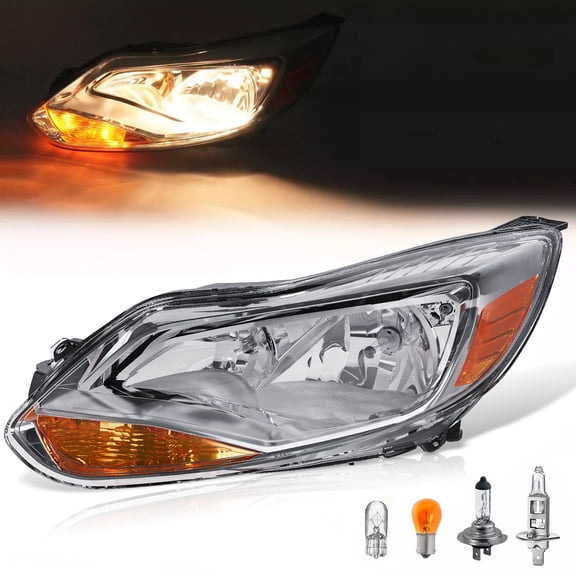 Kojem Left Headlights for 2012-2014 Ford Focus 4-Door Driver Side Halogen Headlamp w/bulbs Clear Lens+Chrome Housing