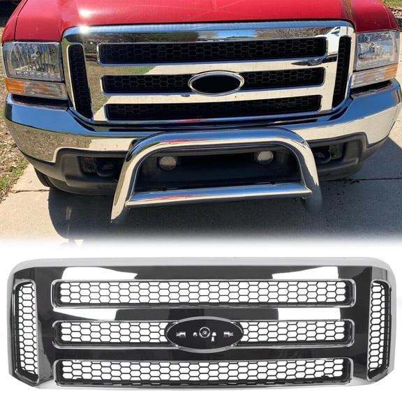 Kojem Mesh Front Upper Grille 2006 Style for 1999 2000 2001 2002 2003 2004 Ford Super Duty F250 F350 F450 F550 Excursion Chrome