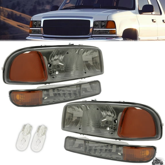 Kojem Pair Headlight for 1999-2007 GMC Sierra 1500 2500 3500 C3 Yukon w/Corner Light Replacement for 15850352 15850351 Halogen Headlamp Smoke Lens Chrome Housing