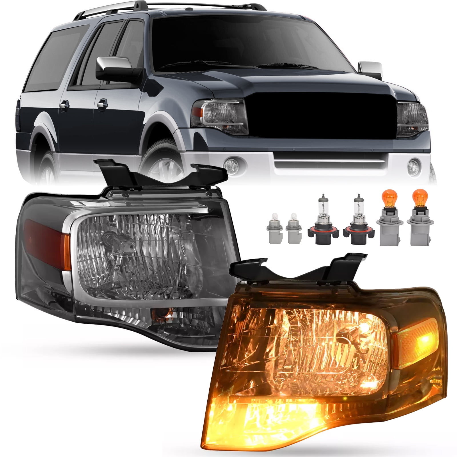 Kojem Pair Headlight Assembly for 2007-2014 Ford Expedition Replaces FO2502226 FO2503226 Halogen Headlamp Front Light Lamp w/Bulb Smoke Lens Chrome Housing Driver & Passenger Side