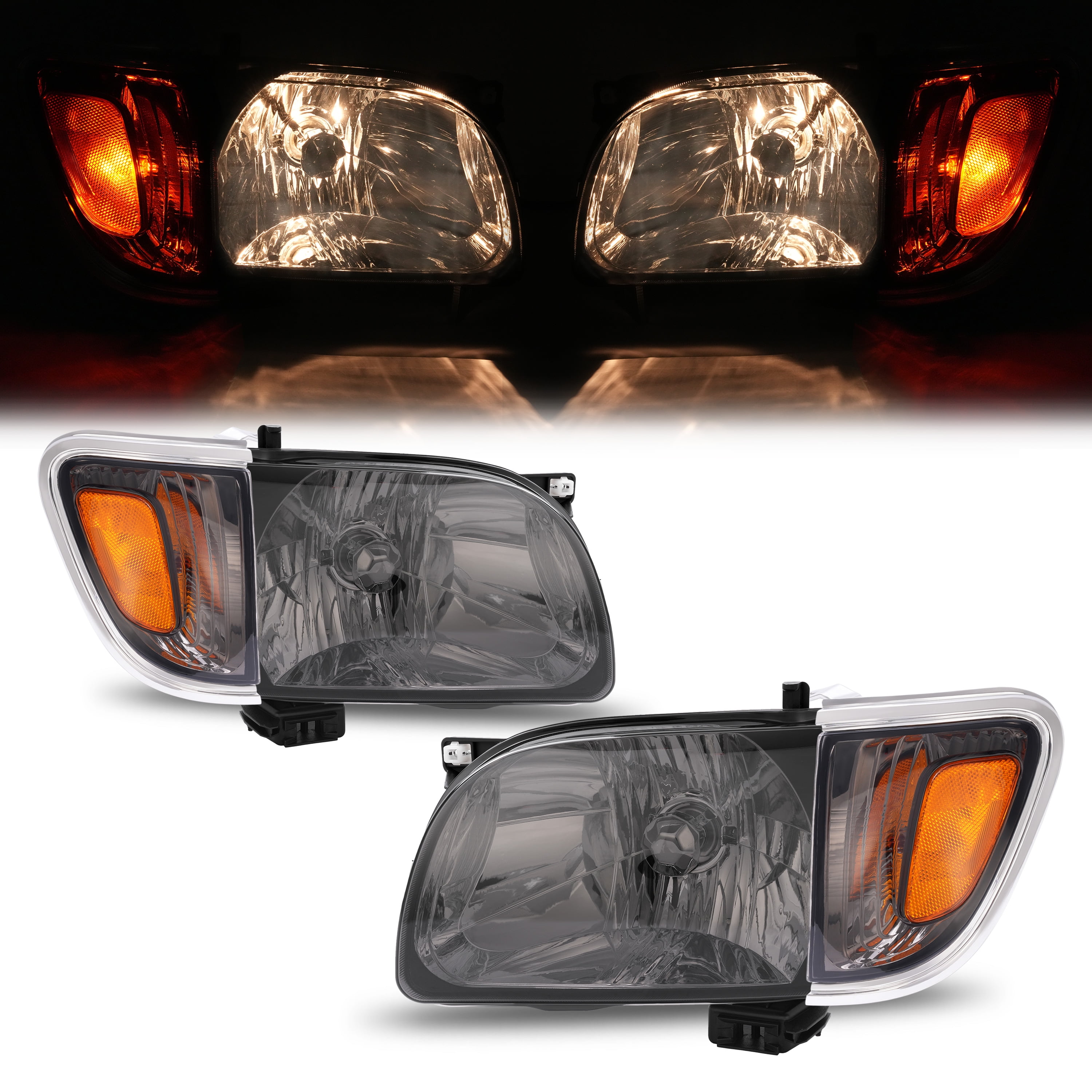 AutoCompetition Chrome Headlight Set For 2001-2004 Toyota Tacoma – Includes 2 Headlights & 2 Bumper Lights