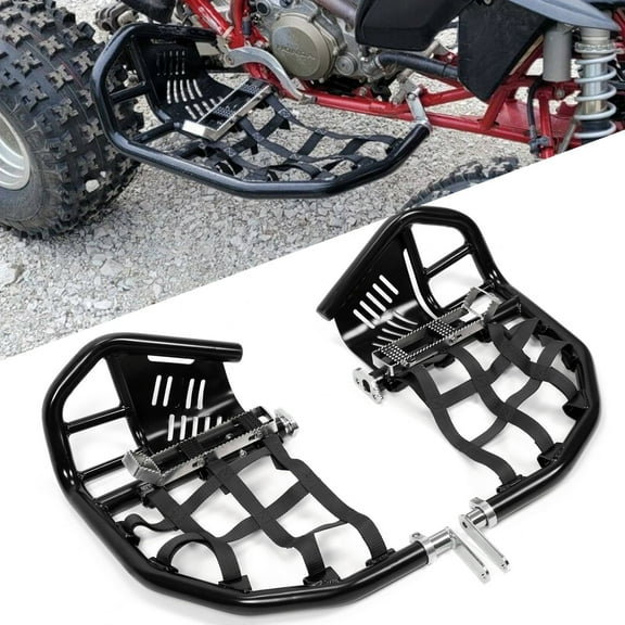 Kojem Pair LH RH Aluminum Nerf Bars Foot Pegs With Heel Guards Black Replacement Set Compatible with Honda All Years 400EX 400X (Black Nerfs & Black Nets)