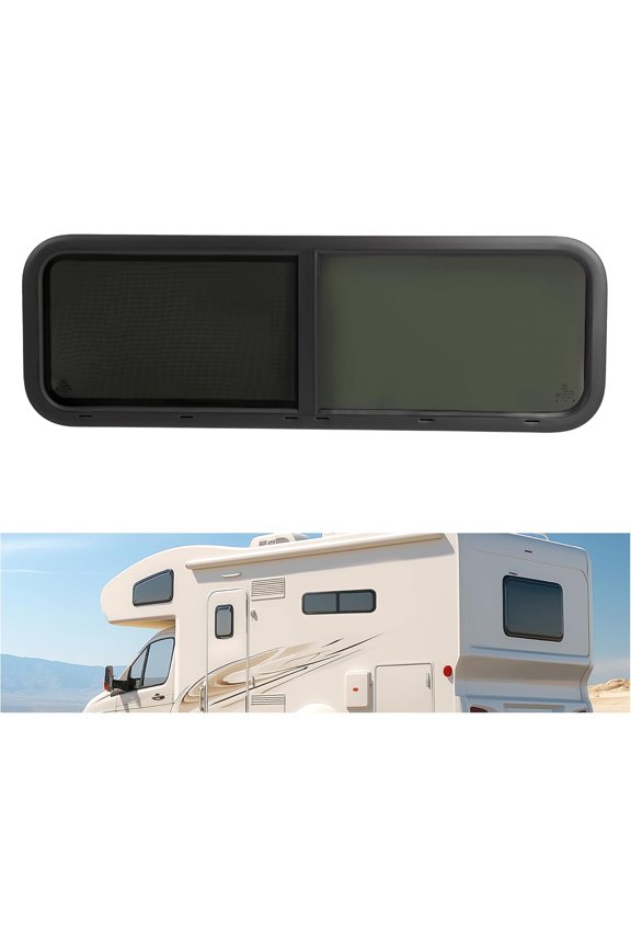 RV Window 48" x 15" Universal W/ Trim Ring and Mesh Screen Sliding Tear Drop Window Dark Tempered Glass Aluminium