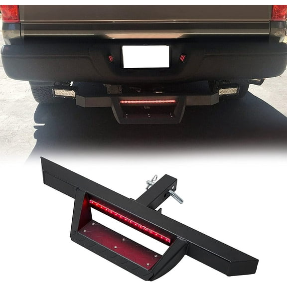 Kojem Rear Step Bar Bumper Guard w/LED Brake Light for 2" Tow Trailer Receiver Hitch Black Truck Pickup SUV Van