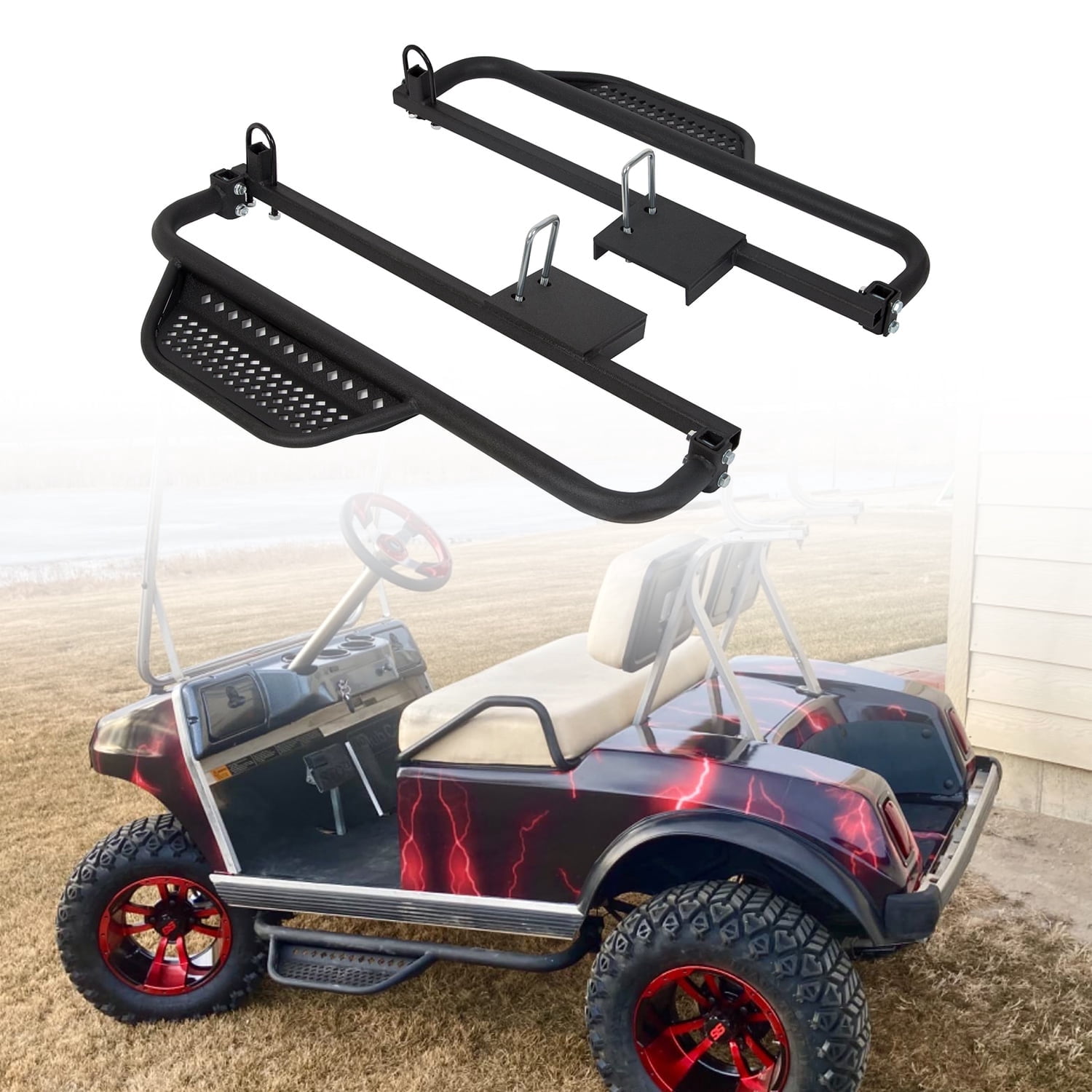Kojem Running Boards W/Brackets Compatible with 2004-2008 Electric Club Car DS Golf Carts Only with 4 x 12-Volt Batteries Nerf Bars Black Steel Side Step