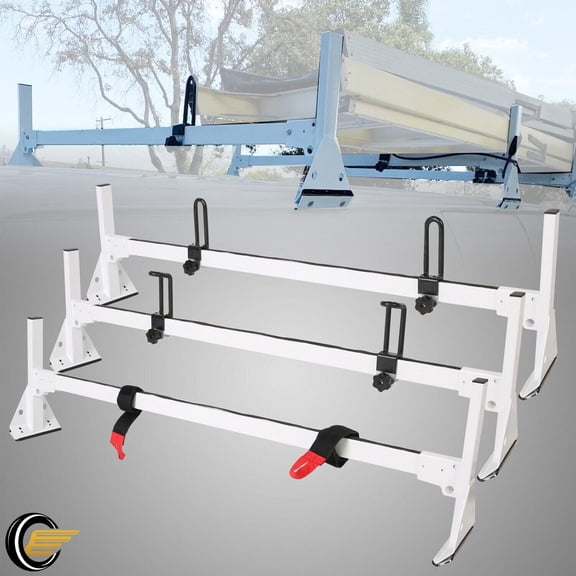 Kojem Universal Fullsize White Van Ladder Roof Rack Steel Cross Bar 3 bar For Chevy Express 1996 UP