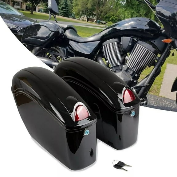 Kojem Universal Motorcycle Hard Saddlebags w/ Light for Honda Yamaha Harley Suzuki Kawasaki Cruiser Trunk Luggage Tour Black Saddle Bags
