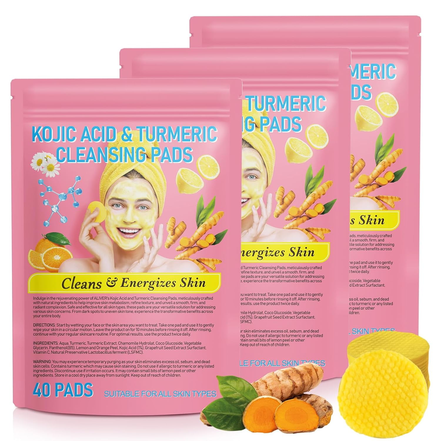 Kojic Acid Turmeric Cleansing Pads for Face, Clogged Pores, Excess Oil, Dirt, Dead Skin Cells
