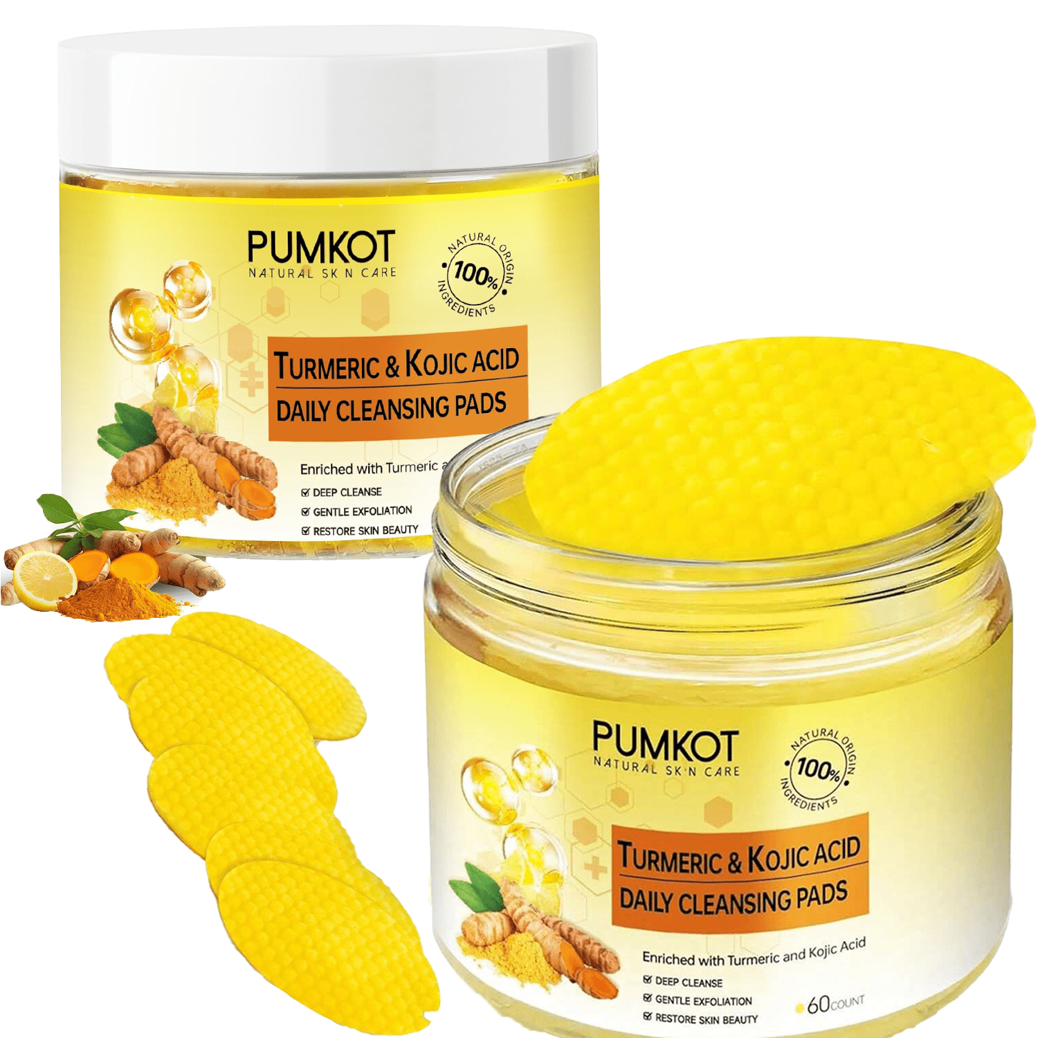 Kojic Acid and Turmeric Cleansing Pads, Turmeric Cleansing Pads, Face Turmeric Kojic Acid Pads, Helps Balance Skin Oil And Water - 60 Pack