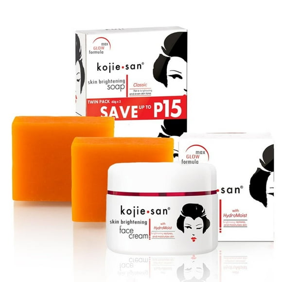 Kojie San Skin and Body Soap 2 Piece Set Original Kojic Acid Soap Bar with Coconut & Tea Tree Oil 65g x 2 Bars & 30g Face Cream