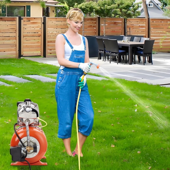 Kojooin 0.75HP Shallow Well Pump with Pressure Tank, Stainless Steel Irrigation Pump for Sprinkler System, Water Transfer Pump 115v, Electric Utility Pump for Garden, Pool, Well, Irrigation