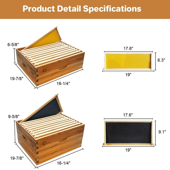 Kojooin 10-Frame Langstroth Bee Hive Coated with Beeswax, Complete Beehive Starter Kit with 2 Deep & 1 Medium Boxes, Weatherproof Cedar Wood, Dovetail Joints, Easy Assembly