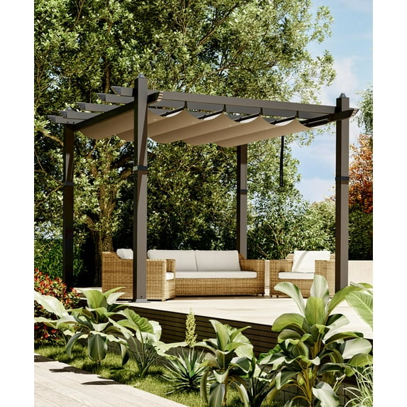 Kojooin 10x10 Ft Aluminum Pergola, Outdoor Metal Pergola with Adjustable Canopy, Reinforced Frame Outdoor Shelter for Backyard, Lawn and Deck