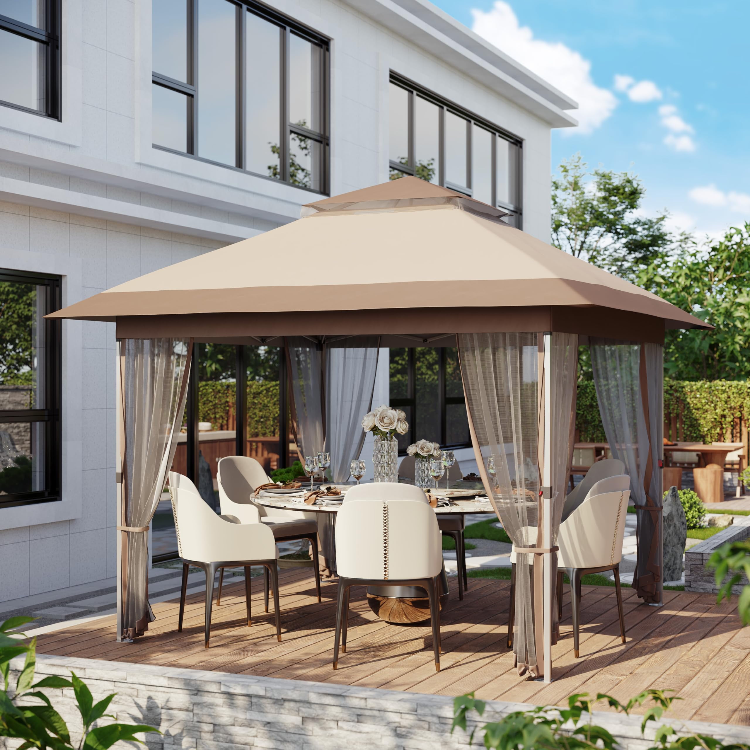 Kojooin 10x10 Pop Up Gazebo, Outdoor Canopy Tent with Mosquito Netting, Pop Up Canopy Tent with Curtains/Adjustable Height/Wheeled Carrying Bag for Patio Garden Backyard Lawn