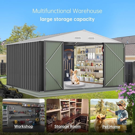 Kojooin 12 x 10 Ft Outdoor Storage Shed with Updated Frame & Lockable Door, Waterproof Garden Tool Shed for Organization & Storage