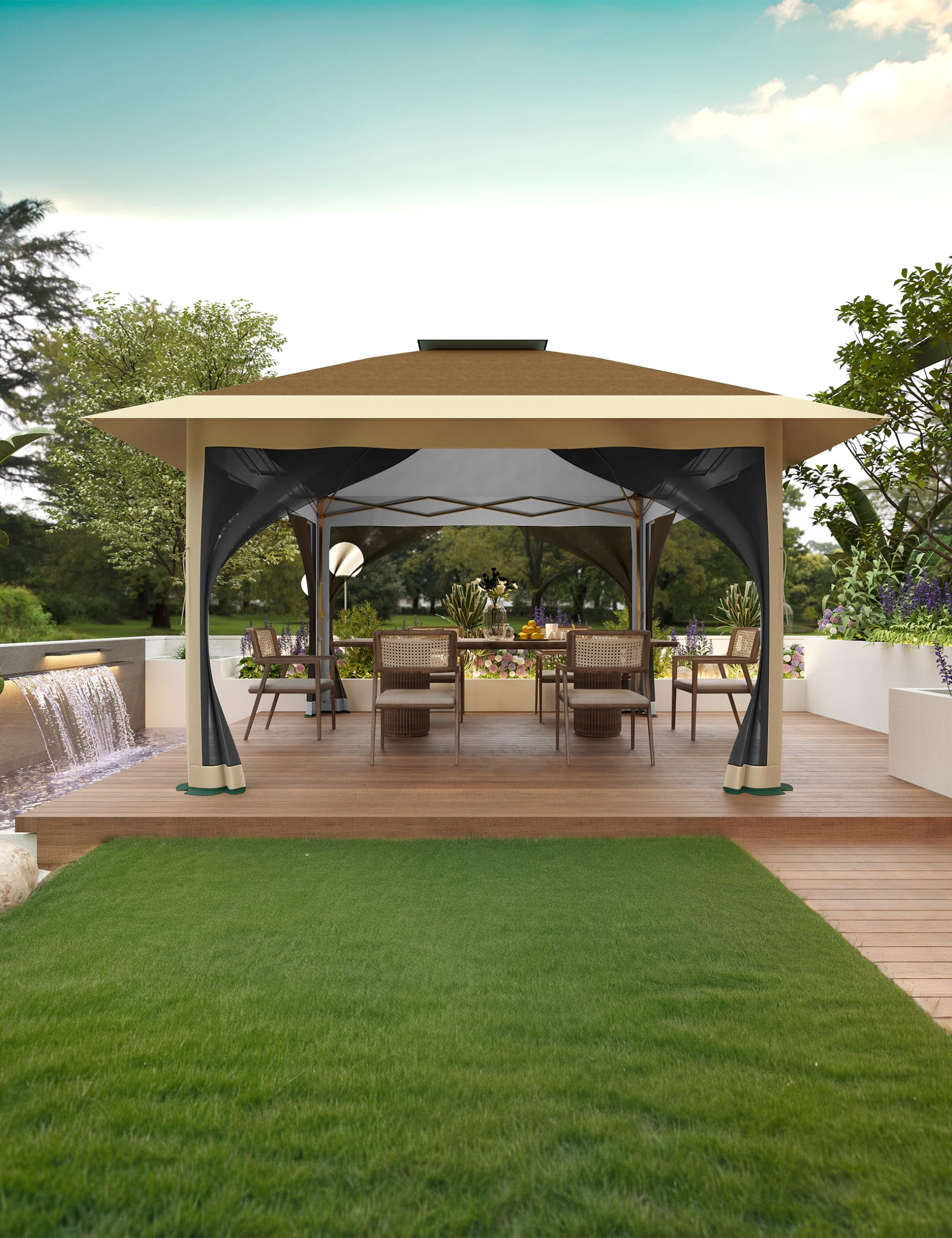 Kojooin 12' x 12' Heavy Duty Double Roof Outdoor Gazebo with Netting & Curtains, UV-Resistant Patio Canopy for Deck, Backyard, Garden, Lawn