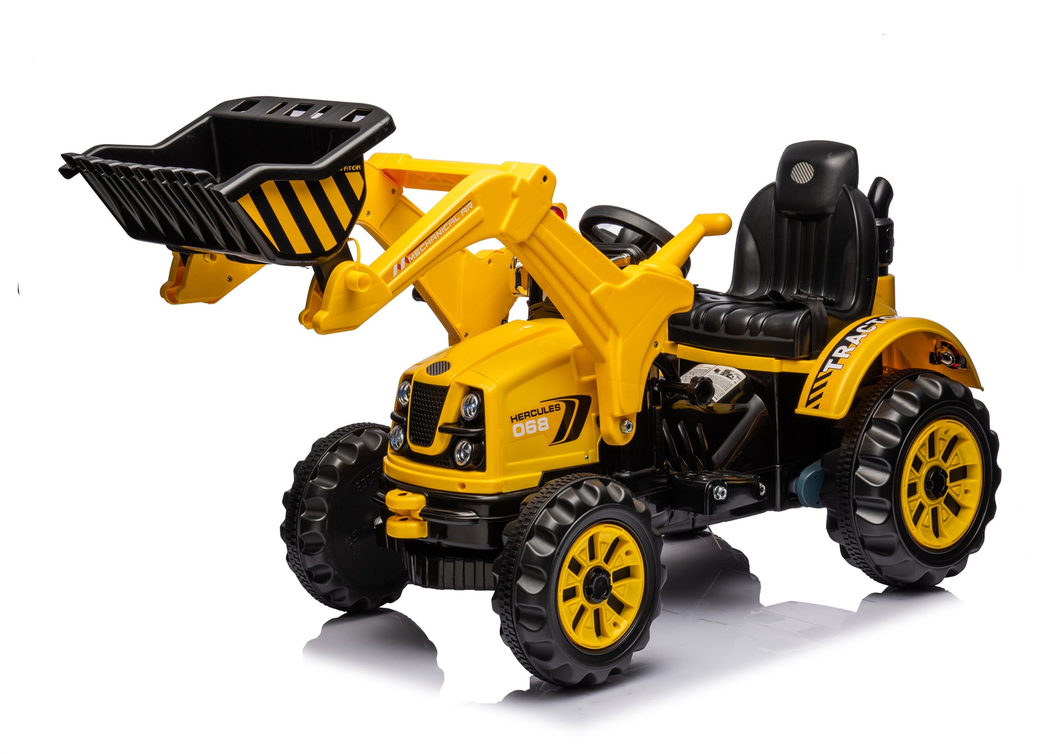 Yellow 12V Battery Powered Ride-On Excavator with Front Loader